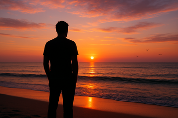 man on beach at sunset